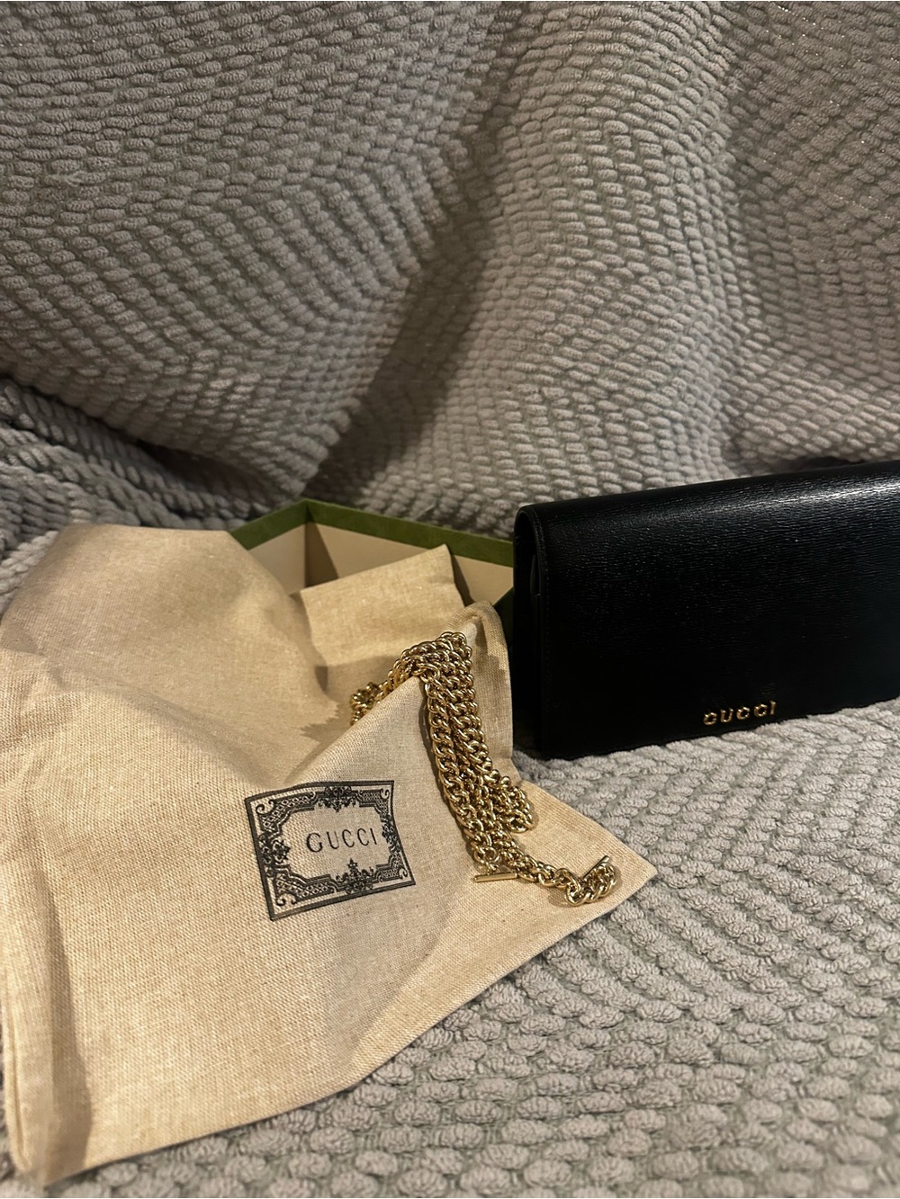 Gucci Black Leather Chain Clutch with Gold Chain with bag, box & ribbon